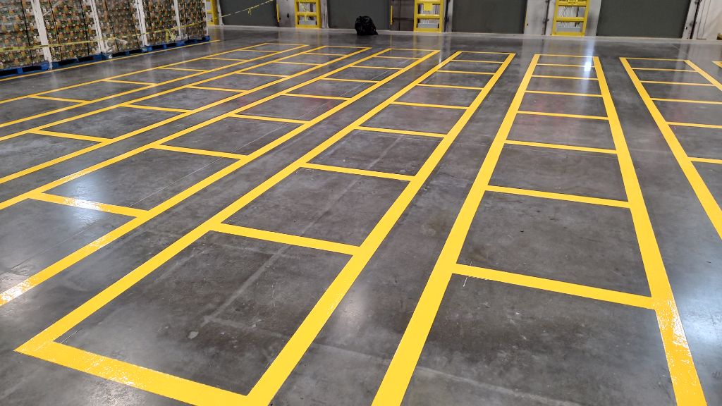 Industrial warehouse yellow box grid line striping, Baltimore, MD